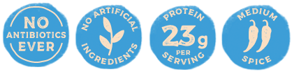Butter Chicken Value proposition graphic, No Antibiotics, No Artificial Ingredients, 23g protein, Medium Spice